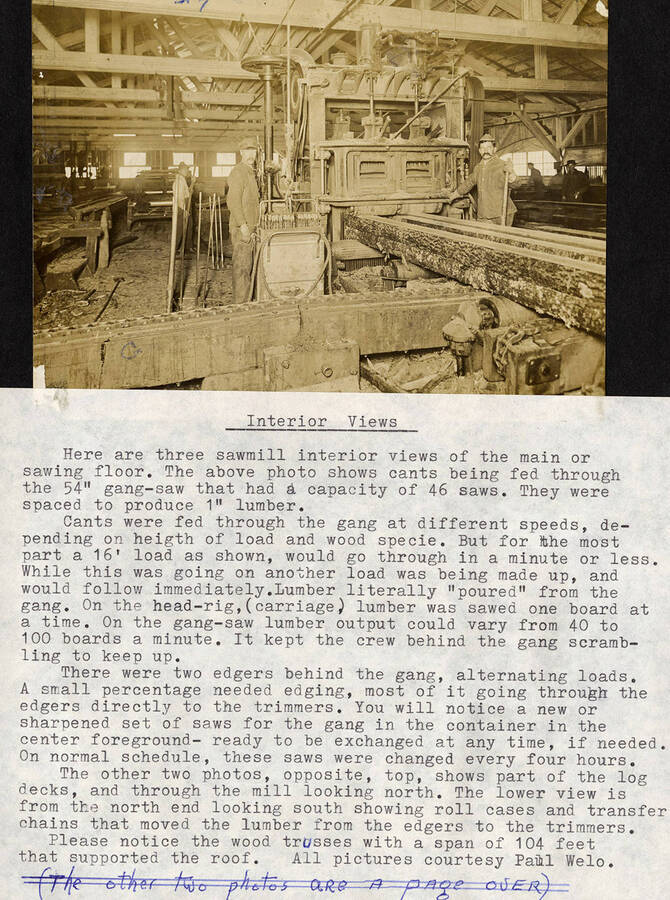 A photograph and summary of the interior of the main/sawing floor of the sawmill. It shows cants being fed through the 54' gang-saw and explains the process of using the gang-saw.