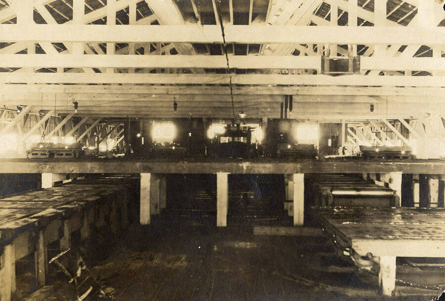 A photograph of the interior of the main/sawing floor in the sawmill.