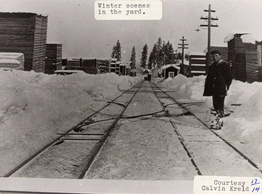 A photograph of winter scenes in the yard where a worker stands next to the train tracks in the lumber yard.