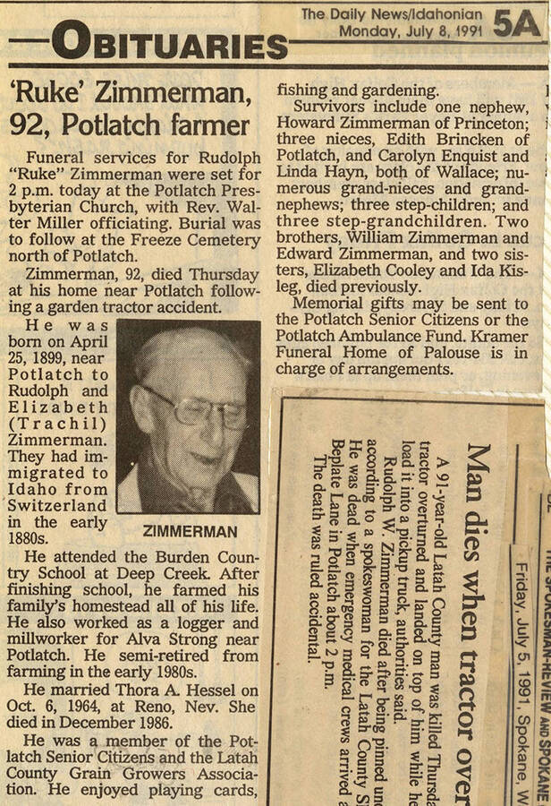 The obituary for Rudolph 'Ruke' Zimmerman after he passed away from a garden tractor accident. He was 91 years old and had been retired from his life-long farming career for ten years.