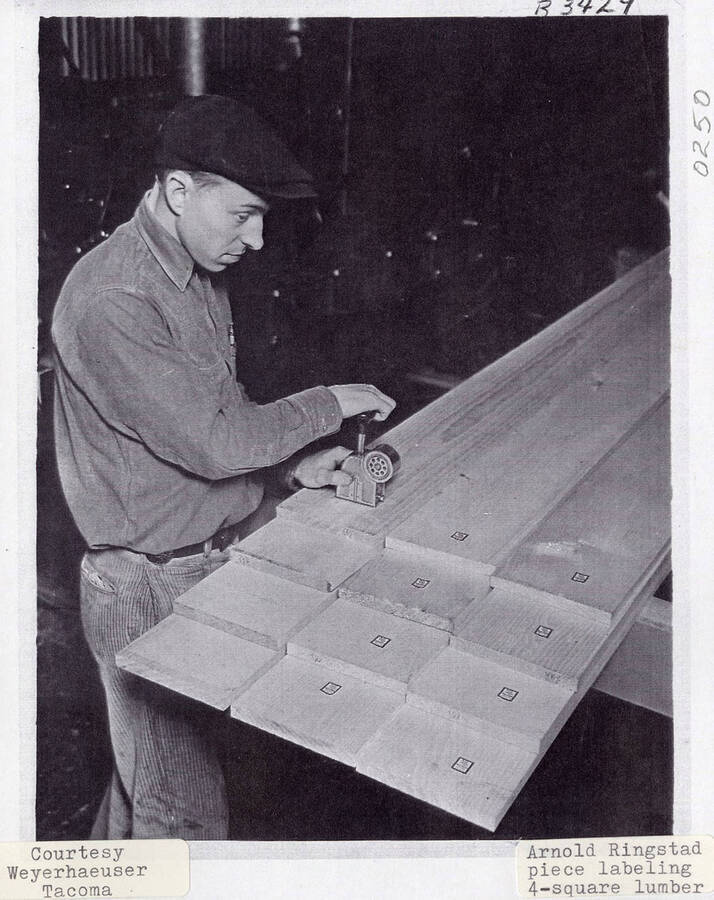 A photograph of Arnold Ringstad piece labeling 4-square lumber.