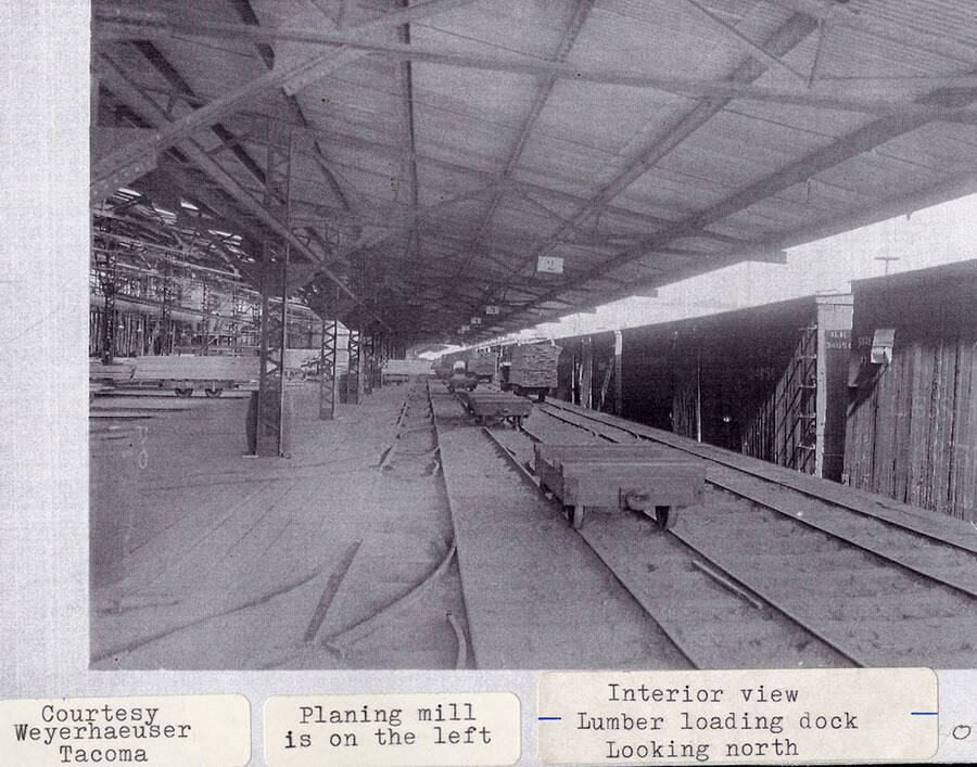 A photograph of the north view of the interior of the lumber loading dock with the planing mill on the left.