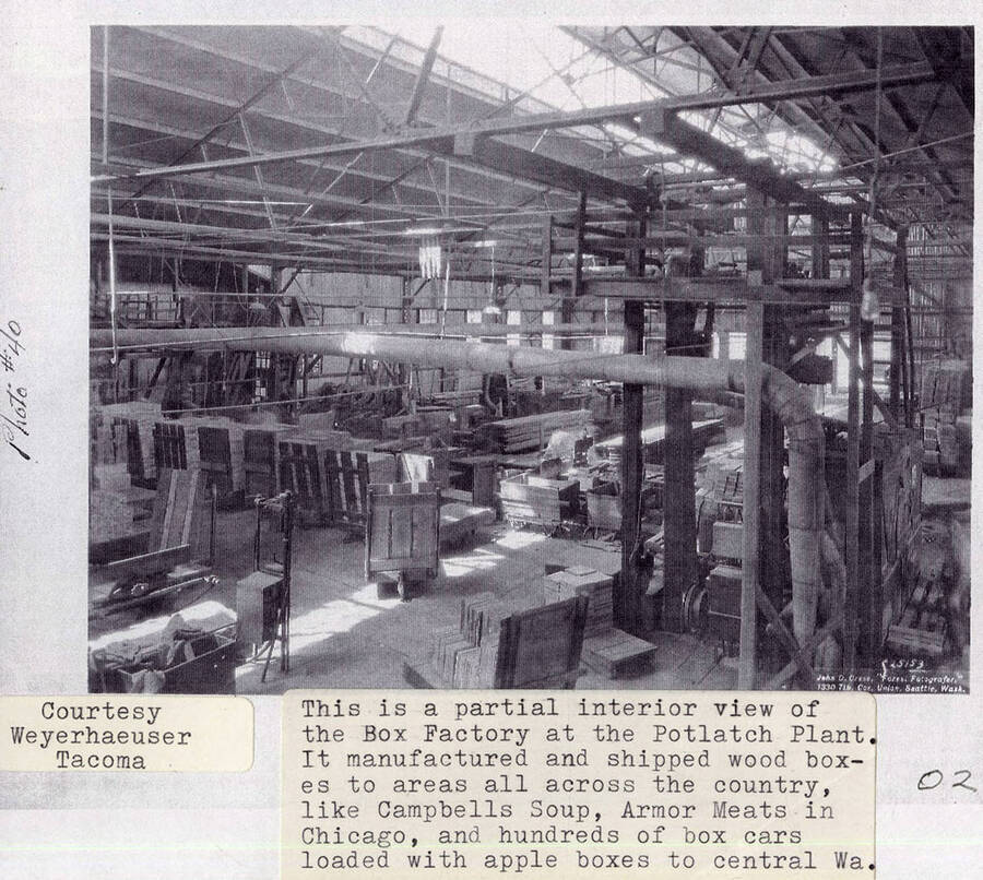 A photograph of a partial interior view of the Box Factory that manufactured and shipped wood boxes to businesses all over the country like Campbell's Soup and apple farmers.