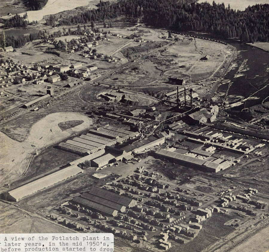 A photograph of the Potlatch Plant in the mid 1950's before production began to drop.