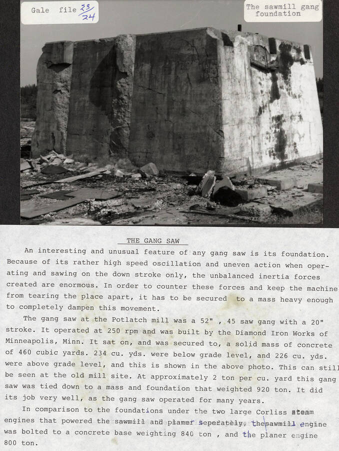 A photograph of the 460 cubic yards of concrete used for the foundation of the gang saw built by Diamond Iron Works of Minneapolis, Minnesota. The foundation weighed 920 tons and was used to ensure the gang saw wouldn't tear the sawmill apart.
