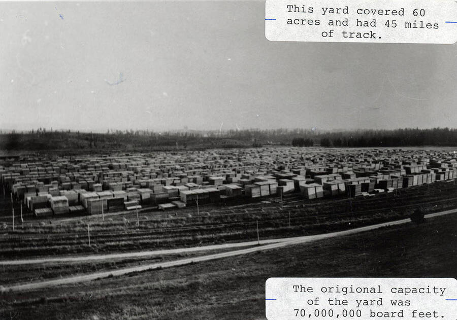 A photograph showing the 60 acres of lumber yard that had 45 miles of track. The original capacity of the yard was 70,000,000 board feet.