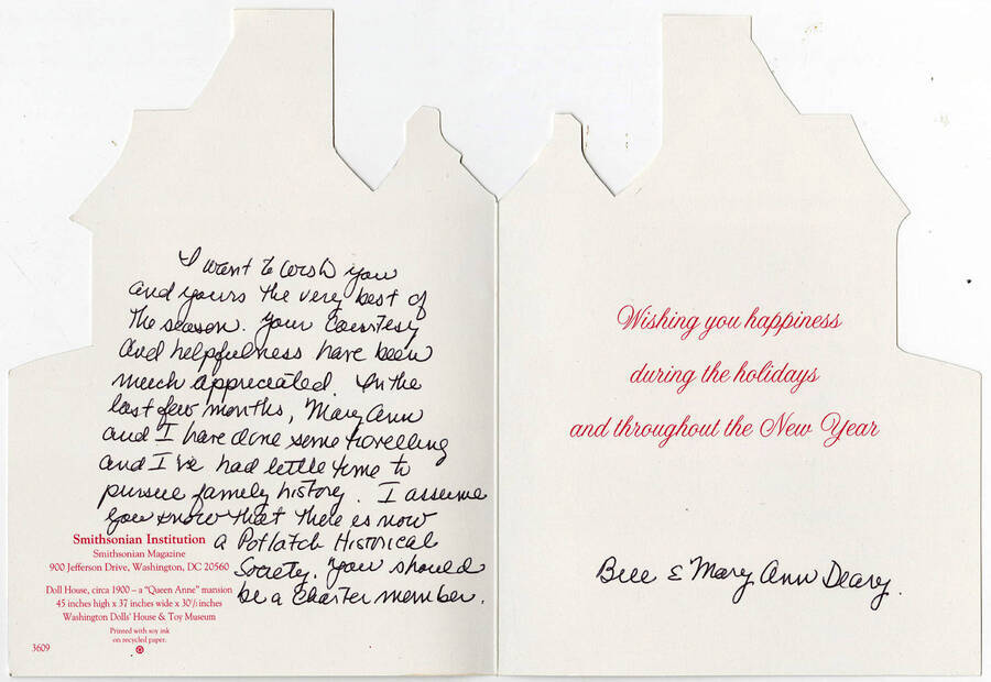 The inside of a holiday card from Bree and Mary Ann Deary wishing the receiver a happy holiday season and trying to convince themm to be a charter member of the Potlatch Historical society.