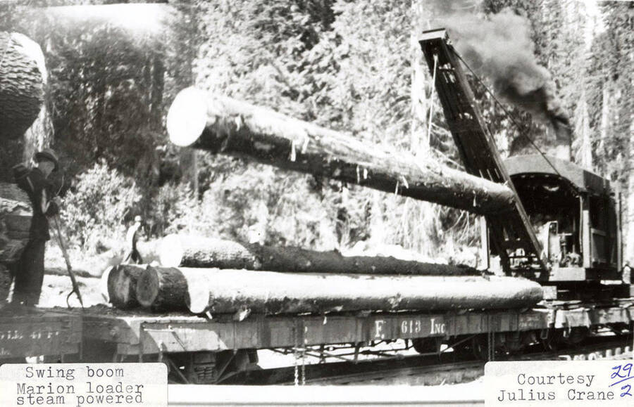 View of the steam powered Marion loader. The machine can be seen lifting a log off of a stack.
