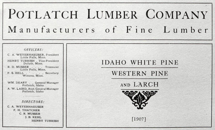 A document for the Potlatch Lumber Company with a list of officers and directors.