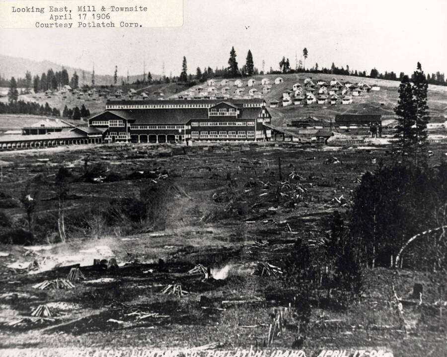 A photograph of the east side of the sawmill with the town in the background courtesy of Potlatch Corporation.