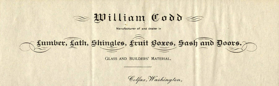 A buisiness card for William Codd, a manufacturer of and dealer in glass and builders' material in Colfax, Washington.