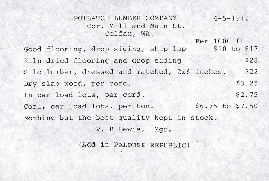 A list of items and their cost from the Potlatch Lumber Company in Colfax, WA.