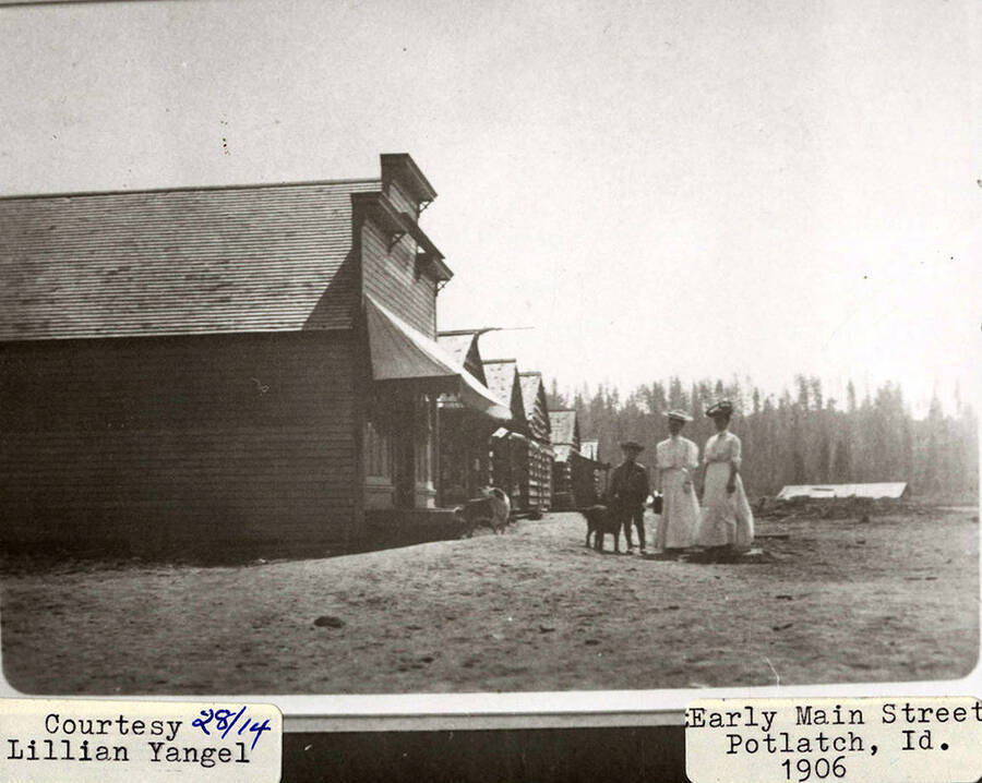A photograph of early Main Street and residents in Potlatch, Idaho courtesy of Lillian Yangel.