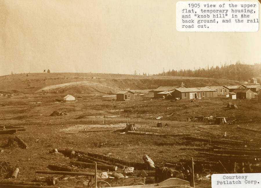 An early photograph of temporary housing, knobb hill, and the rail road cut in Potlatch.