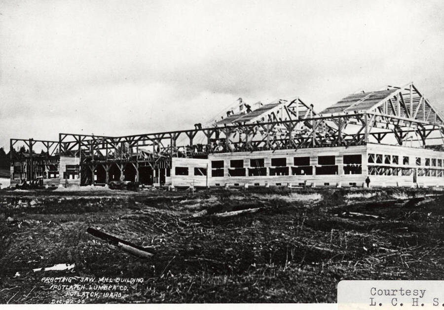 A photograph of the construction of the saw mill building courtesy of L.C.H.S.