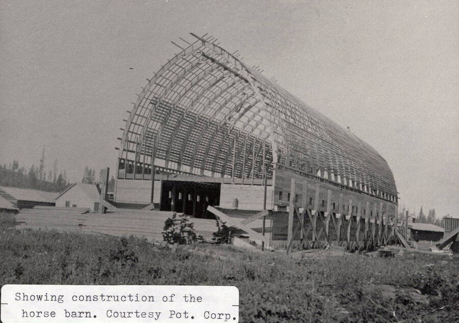 A photograph of the construction of the horse barn courtesy of Potlatch Corportation.