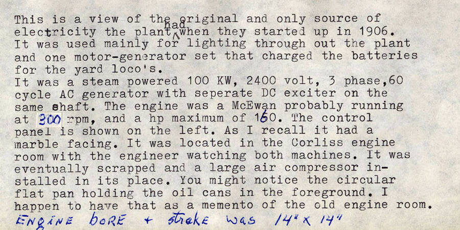 A description of the original and only source of electricity for the plant when they started in 1906.