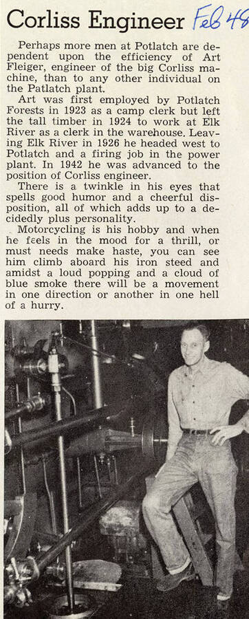 An article and photograph of Art Fleiger, the engineer of the big Corliss machine.