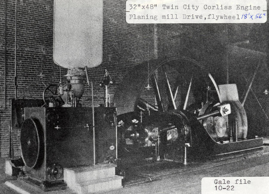 A photograph of the 32'x48' Twin City Corliss Engine Planing mill Drive, flywheel 18'x56'