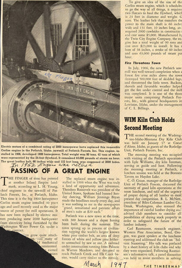 A newspaper article about the replacement of the Corliss Engine. The accompaning photograph includes Art Flieger, the engineer of the engince.