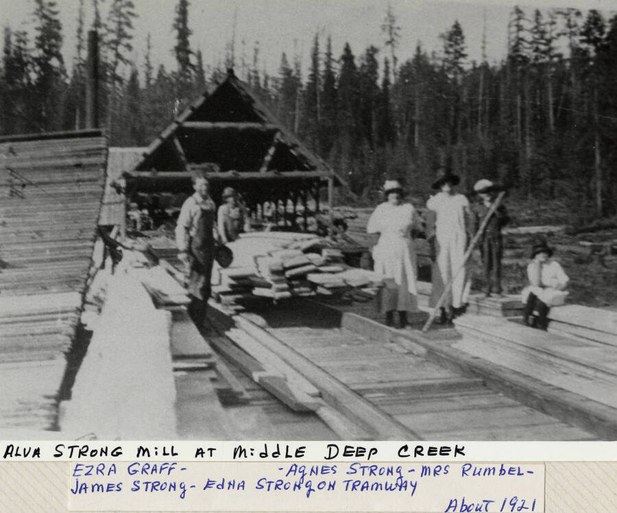 Ezra Graff, James Strong, Agnes Strong, Mrs. Rumbel, and Edna Strong on the tramway at the Alva Strong Mill at Middle Deep Creek.