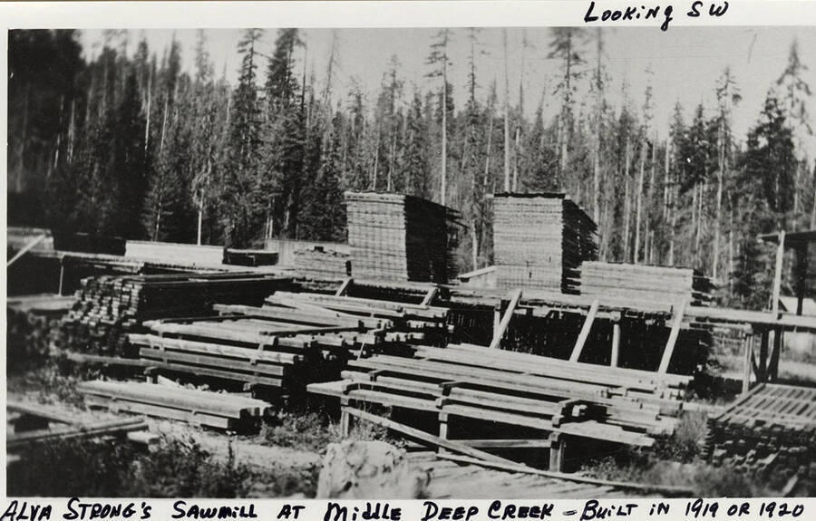 A photograph looking southwest over lumber at Alva Strong's sawmill at middle Deep Creek.