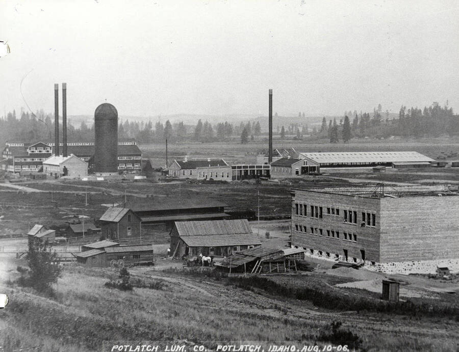 The plants construction progress about a month before it cut the first lumber, Sept. 11th 1906. To the right of the sawmill is the W.I.&M. round house, machine shop and car repair shop. Behind that is the planer building (long white roof) and the planer power house still under construction. In the right foreground is the Potlatch Mercantile building with the outside walls barely up. In the foreground is the old ranch house, barn and outbuildings that were there when Deary purchased the land in June 1905. Note the outhouse, lower right.'