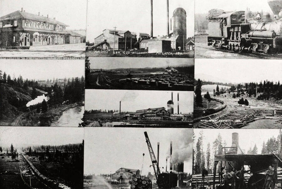 Ten photographs of the building of the tracks, the locomotives, the station, and the mill the trains serviced.