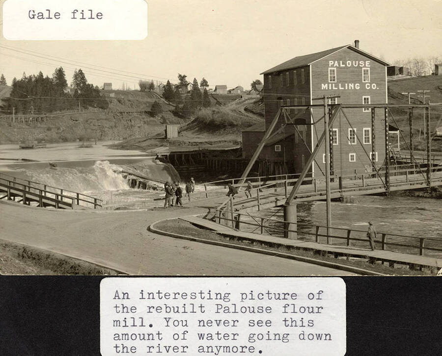 A photograph of the rebuilt Palouse flour mill. The river has more water going down it in this image than you could ever see today.
