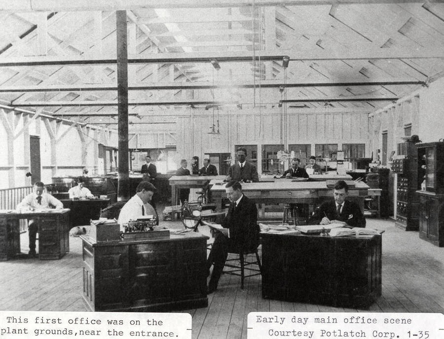 A photograph of an early day scene at the first office on the plant grounds near the entrance.