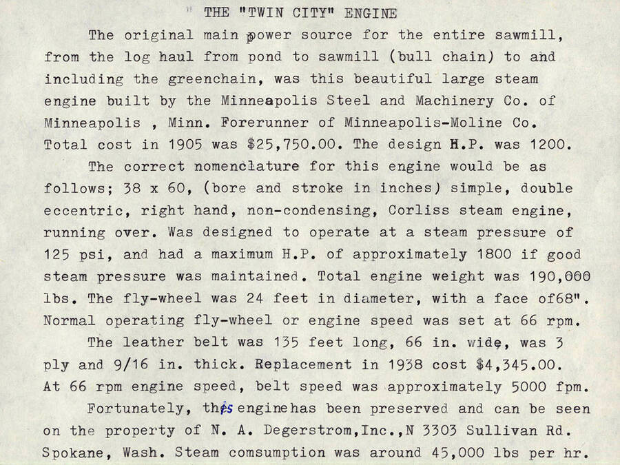 Details about the 'Twin City' Engine that was the original main power source for the entire sawmill at Potlatch.
