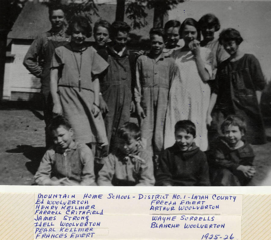 Ed, Idell, Arthur, and Blanche Woolverton; Henrey and Pearl Kellmer; Frances and Freeda Emert; Farrell Crithfield; James Strong; and Wayne Woolverton; students of the Mountain Home School- District No. 1- Latah County.
