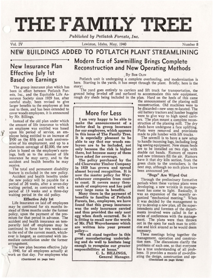 A news  article about the Potlatch Lumber Company's 'complete reconstruction and new operating methods,' that came with the modern era of sawmilling in 1940.