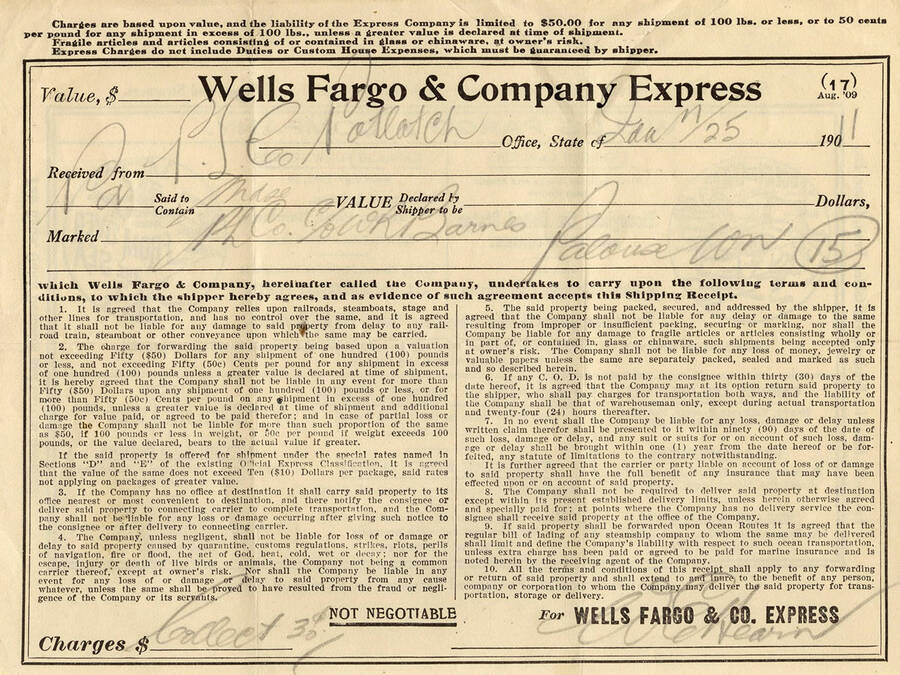 A shipping receipt from Wells Fargo & Company Express for the Potlatch Lumber Company.