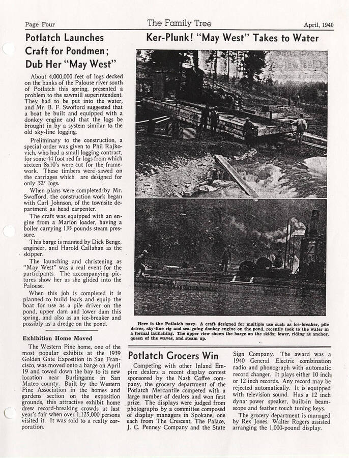An article about a boat equipped with a donkey engine made to bring logs in that are decked on the bank of the Palouse river and will also be utilized as an ice-breaker and pond dredge.