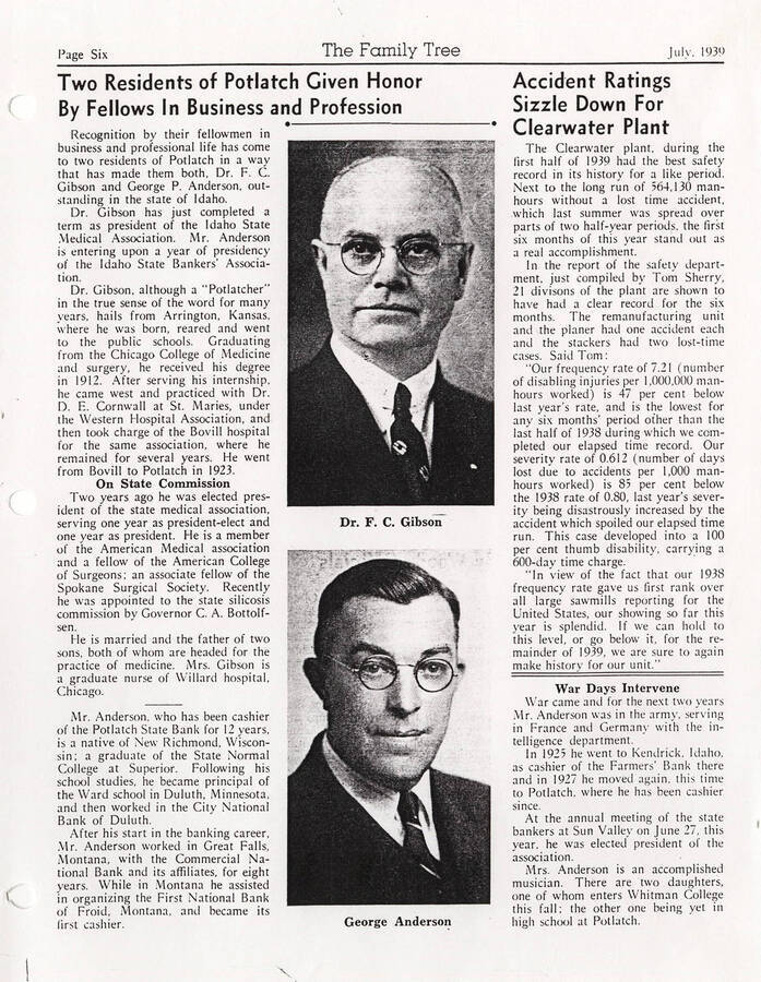 A page from The Family Tree with articles about decreased accident ratings at the Clearwater plant and Dr. F.C. Gibson and George Anderson receiving awards for their commitment and excellence in their respected professions.