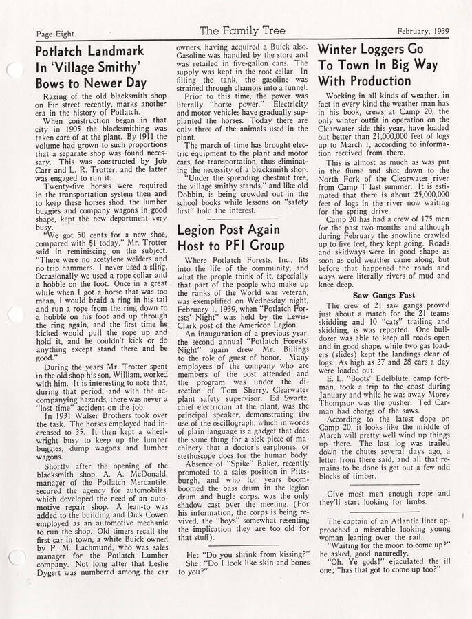 A page from The Family Tree with three articles about the destruction of a blacksmith shop, the American Legion hosting Potlatch Forest Inc., and Clearwater Camp 20's winter production.