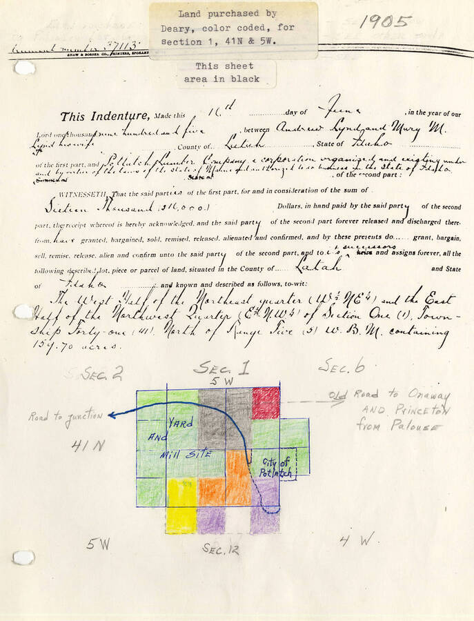 An indenture for the land purchased by Deary with a color coded map where his land is represented by the black area.