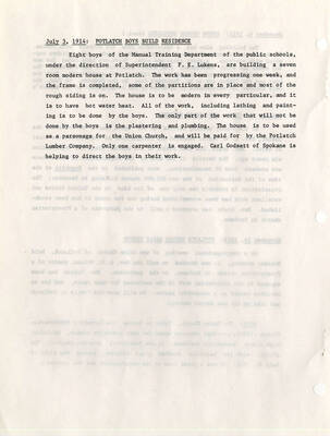 An article about eight boys building a seven room modern house at Potlatch under the direction of Carl Godsett of Spokane. The boys are of the Manual Training Department of the public schools in the area.