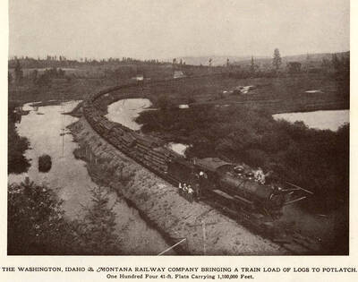 A train from the Washington, Idaho, and Montana Railway Company with one hundred four 41-ft. flats carrying 1,100,000 feet of logs.