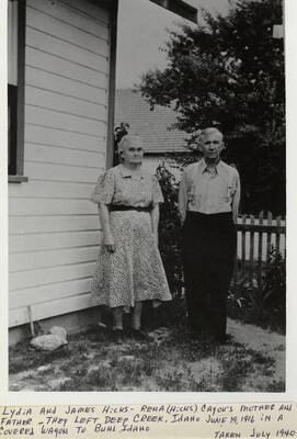 A photograph of Lydia and James Hicks, Rena (Hicks) Cayou's mother and father. They left Deep Creek, Idaho, June 19, 1916 in a covered wagon to Buhl, Idaho.