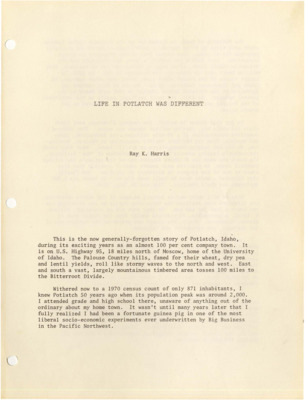 A twenty page paper by Ray K. Harris depicting the history of Potlatch, Idaho and how the company town grew with the Potlatch Lumber Company's sawmill.