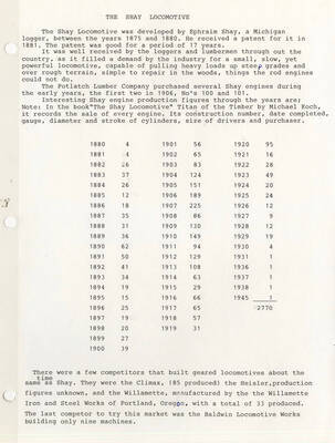 Document explaining the history of the shay locomotive and its use by the Potlatch Lumber Company.