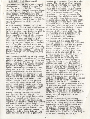 A paper with articles about Potlatch from other news sources, a list of the ill, dinners to attend, men of the month, an obituary, and other miscellaneous news items.