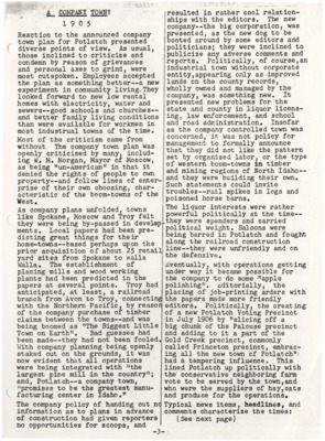 A paper with articles about the announcement of the plan for Potlatch to be a company town with the reactions of the community, a brief history of Potlatch, and other miscellaneous new items.