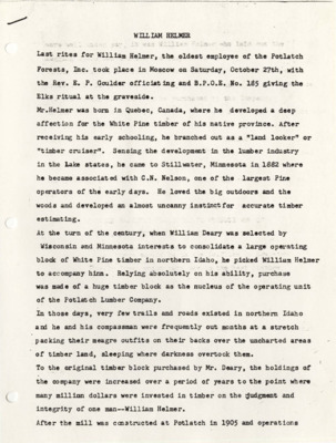 A paper written by Louise Nygaard about William Helmer, one of the oldest employees of the Potlatch Forests, Inc., and his work for the timber industry.