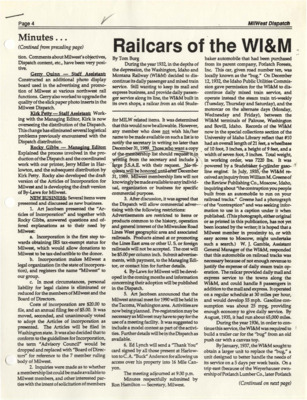 An article from the MIIWest Dispatch about the WI&M changing their system from only being a passenger service and mail/express business to having the mixed train service while transitioning to using the steam train, and a motorcar throughout the week.