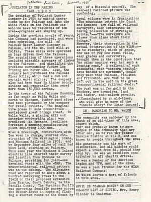 An article about the decision of the Potlatch Lumber Company to extend operations up the Palouse.