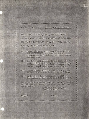 A notice to the employees of Potlatch Forests Inc. about a change made in supervisory personnel.