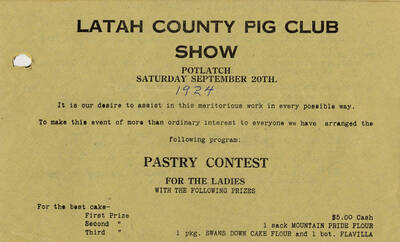 An announcement for the Latah County Pig Club Show including a pastry contest for the ladies with prizes ranging from flour to five dollars.